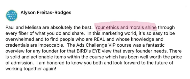 Screenshot: Alyson, "your ethics and morals shine"