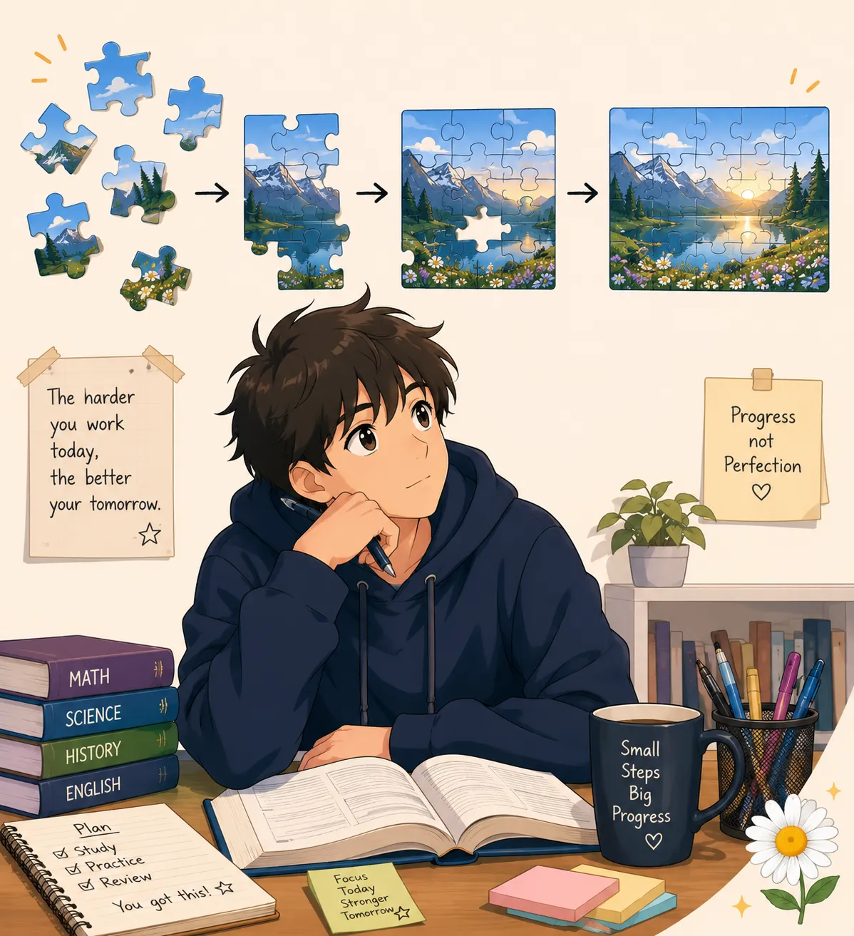 Anime-style student studying at a desk with an open book. Above them, scattered puzzle pieces gradually fit together into a complete image, representing understanding and learning. A small daisy appears in the lower corner.
