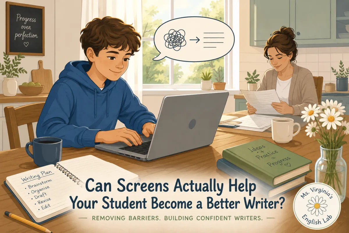 Middle and high school student confidently writing on a laptop at a kitchen table while a parent works nearby, illustrating supportive technology use for developing writing skills.