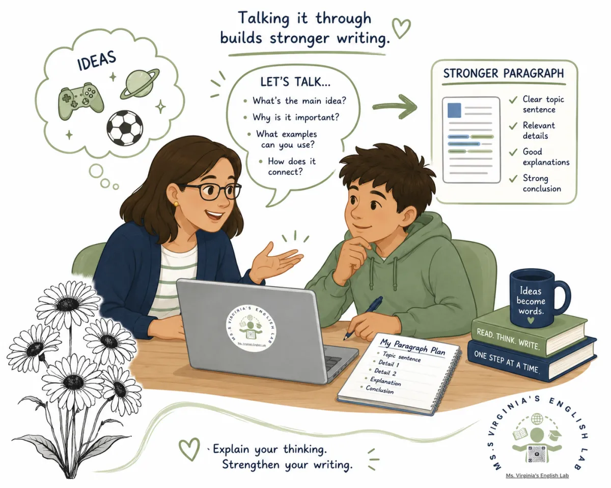 A tutor helps a middle school student develop a paragraph by discussing ideas together on a laptop, illustrating how explaining thinking leads to stronger writing.