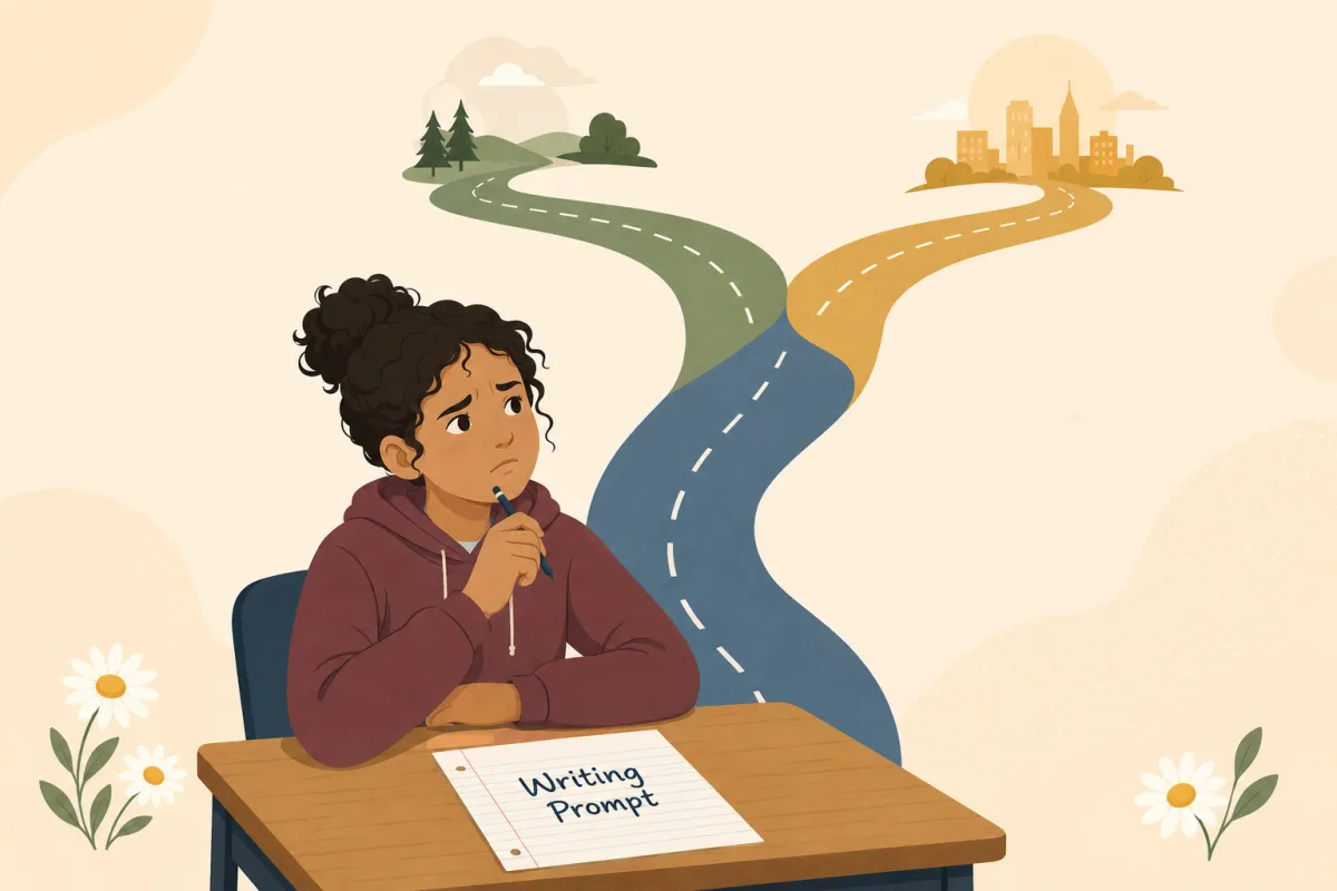 Flat illustration of a student holding a confusing writing prompt while imagining a winding road splitting into two paths, with small daisy accents.