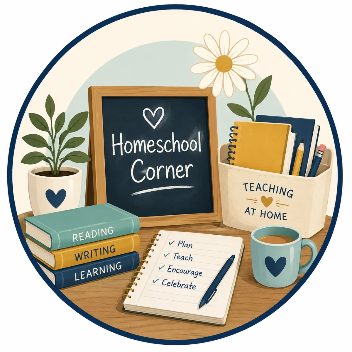 Homeschool English corner with books, notebook, pen