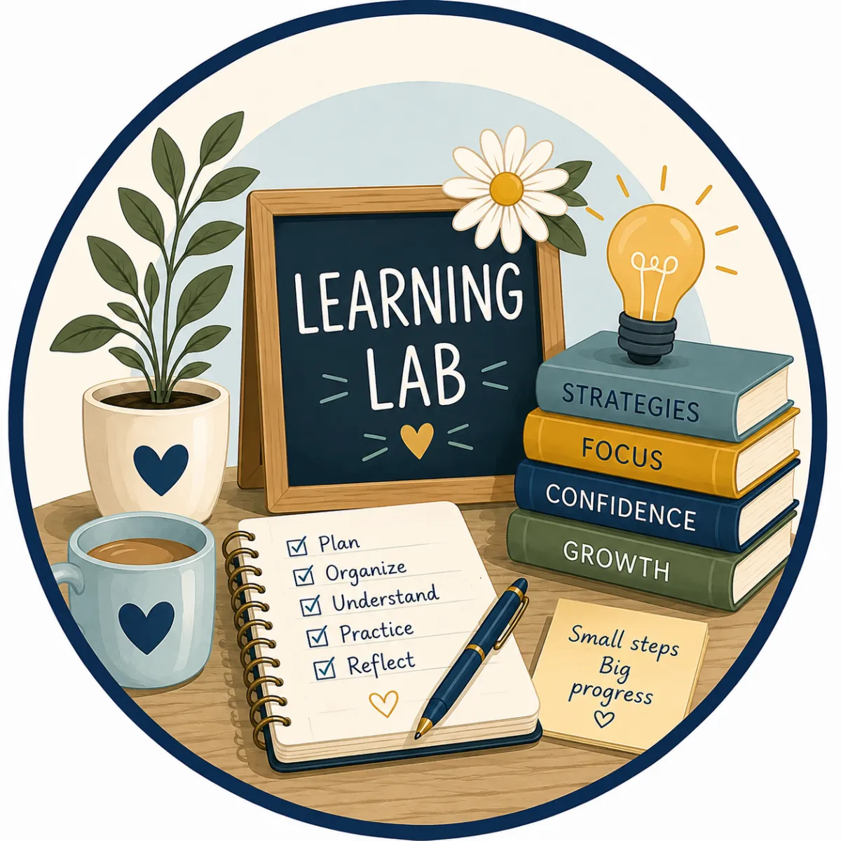 'Learning Lab' daisies, open notebook and pen