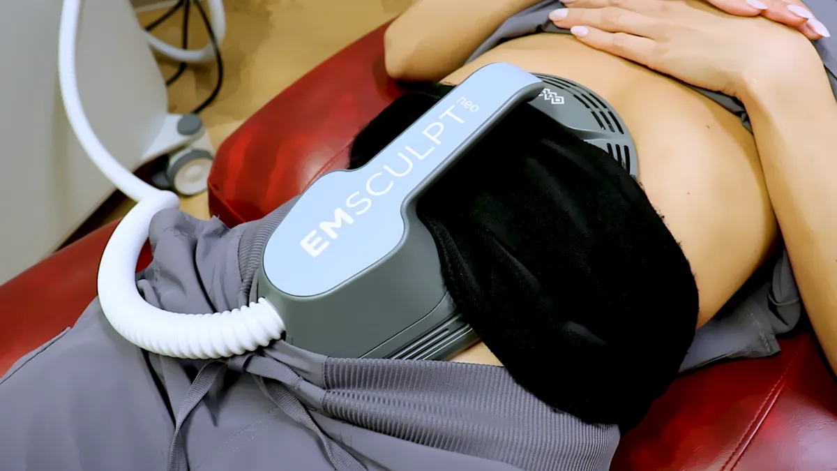 Client receiving Emsculpt Neo body contouring treatment at ContourGlow Wellness