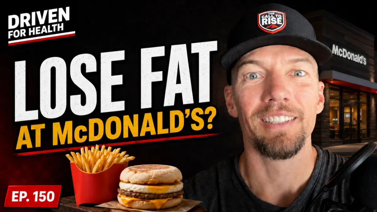 Coach Brian Parana beside a McDonald's Egg McMuffin and black coffee, on the Driven For Health episode about what to order at McDonald's for fat loss for men over 40.