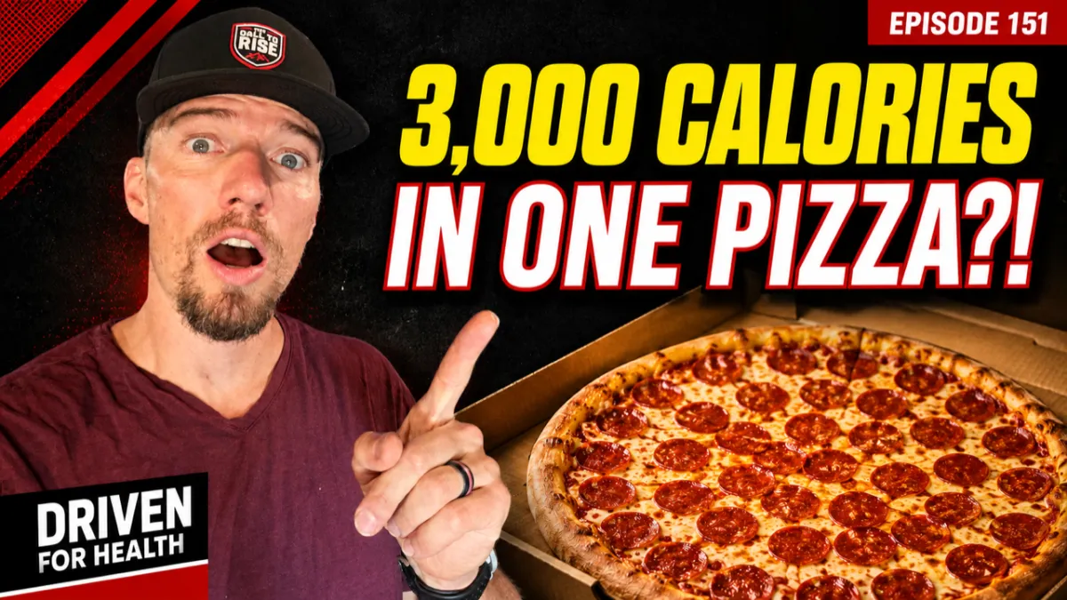 Coach Brian Parana beside a Domino's thin crust pizza and a chicken Caesar salad, on the Driven For Health episode about what to order at Domino's for fat loss for men over 40.