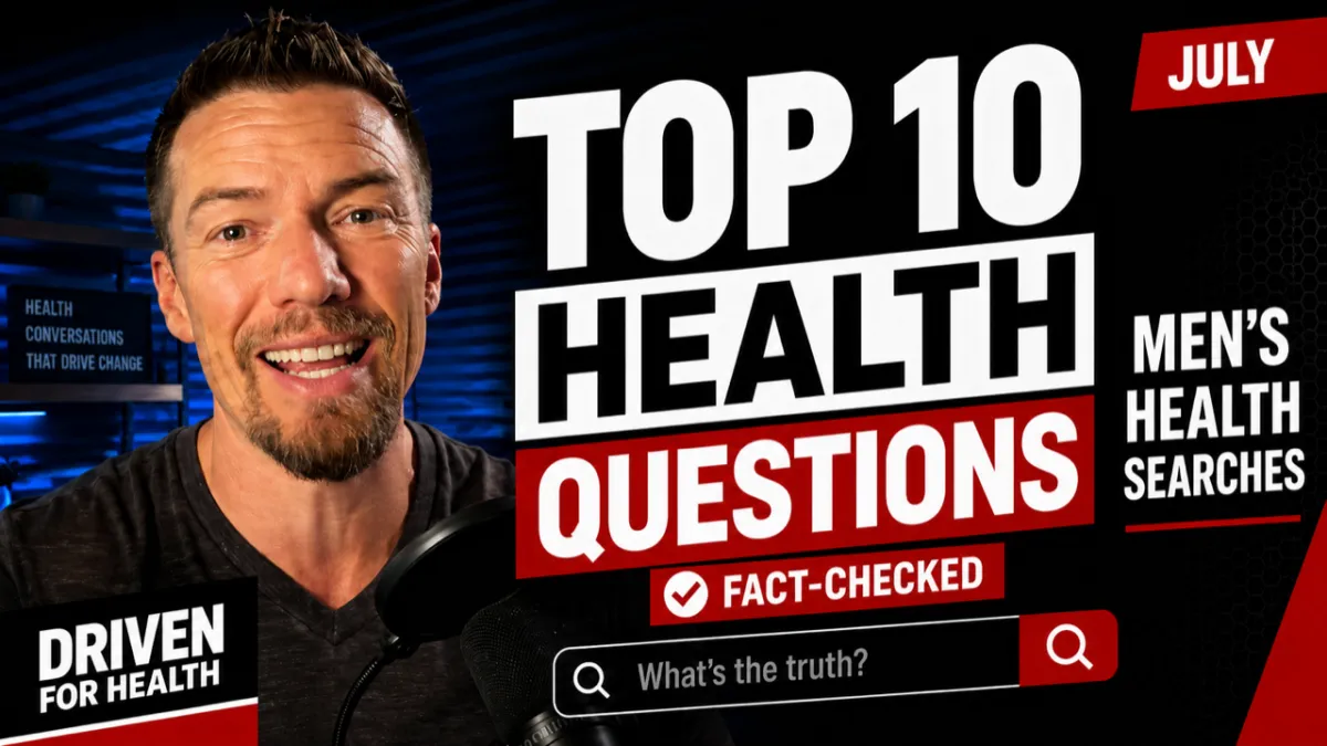 Driven For Health episode 138 thumbnail with Coach Brian Parana in headphones beside a phone screen of typed-in Google health searches, under the headline "I Fact Checked The Top 10 Health Questions Men Google"