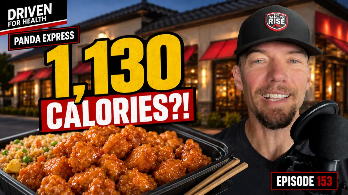 Coach Brian Parana beside a Panda Express plate of black pepper sirloin steak and greens, on the Driven For Health episode about what to order at Panda Express for fat loss for men over 40.