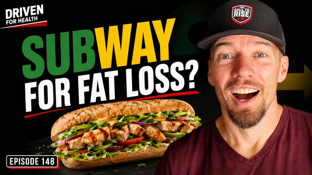 Coach Brian Parana beside a Subway sandwich build, on the Driven For Health episode about what to order at Subway to lose fat for men over 40.