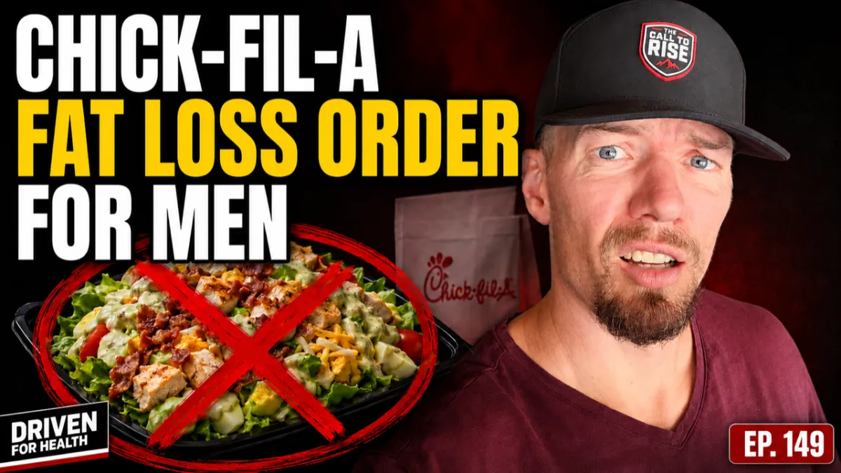 Coach Brian Parana beside a Chick-fil-A grilled nugget order and a fruit cup, on the Driven For Health episode about what to order at Chick-fil-A for fat loss for men over 40.