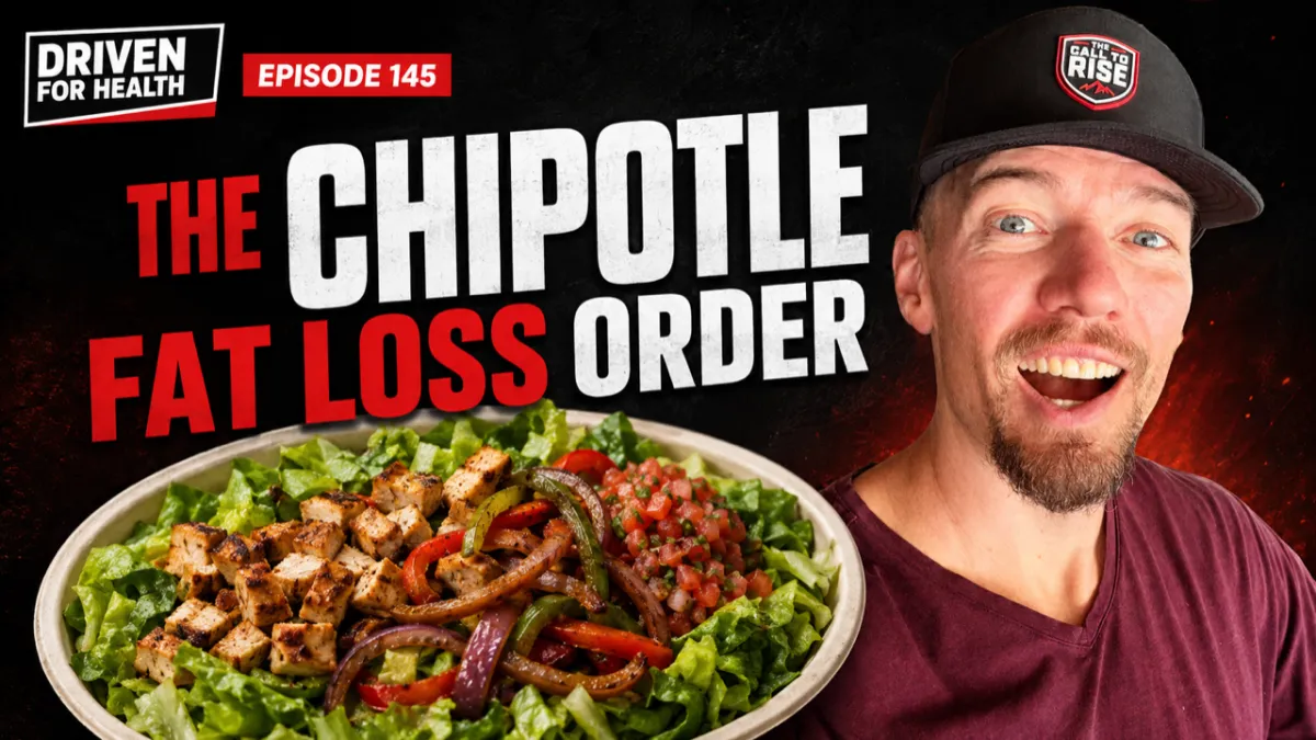 Coach Brian Parana beside a Chipotle salad bowl with chicken, fajita peppers and pico, on the Driven For Health episode about what to order at Chipotle for fat loss.