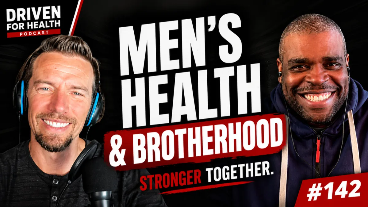 Driven For Health episode 142 thumbnail with Coach Brian Parana in headphones at a podcast microphone on the left and guest Mista Yu in a navy hoodie with earbuds on the right, both smiling against a dark background, with large white text reading "Men's Health" above "& Brotherhood" in a red block and the line "Stronger together." with the episode marker "#142"