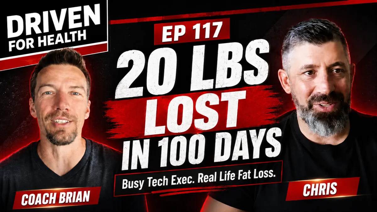 Driven For Health Podcast episode 117 cover art showing Coach Brian and guest Chris, who lost 20 pounds in 100 days