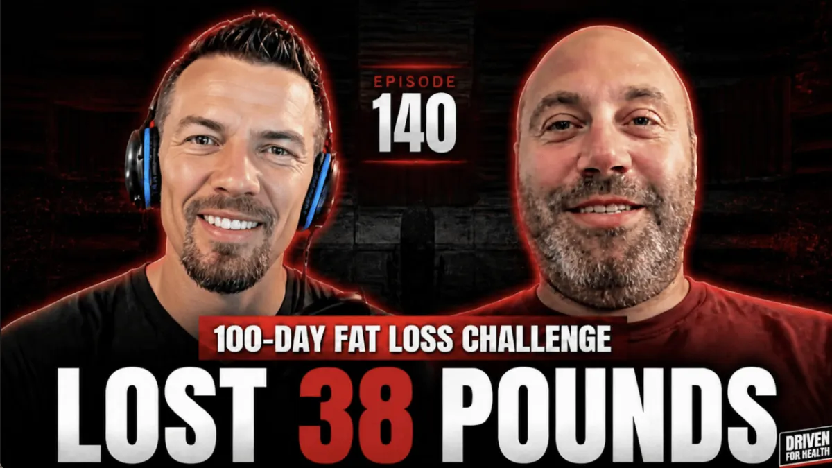 Driven For Health episode 140 thumbnail with Coach Brian Parana in blue headphones and a black shirt on the left and client Jamie in a red shirt with a gray beard on the right, both against a dark red-lit wood background under the headline "100-Day Fat Loss Challenge: Lost 38 Pounds"