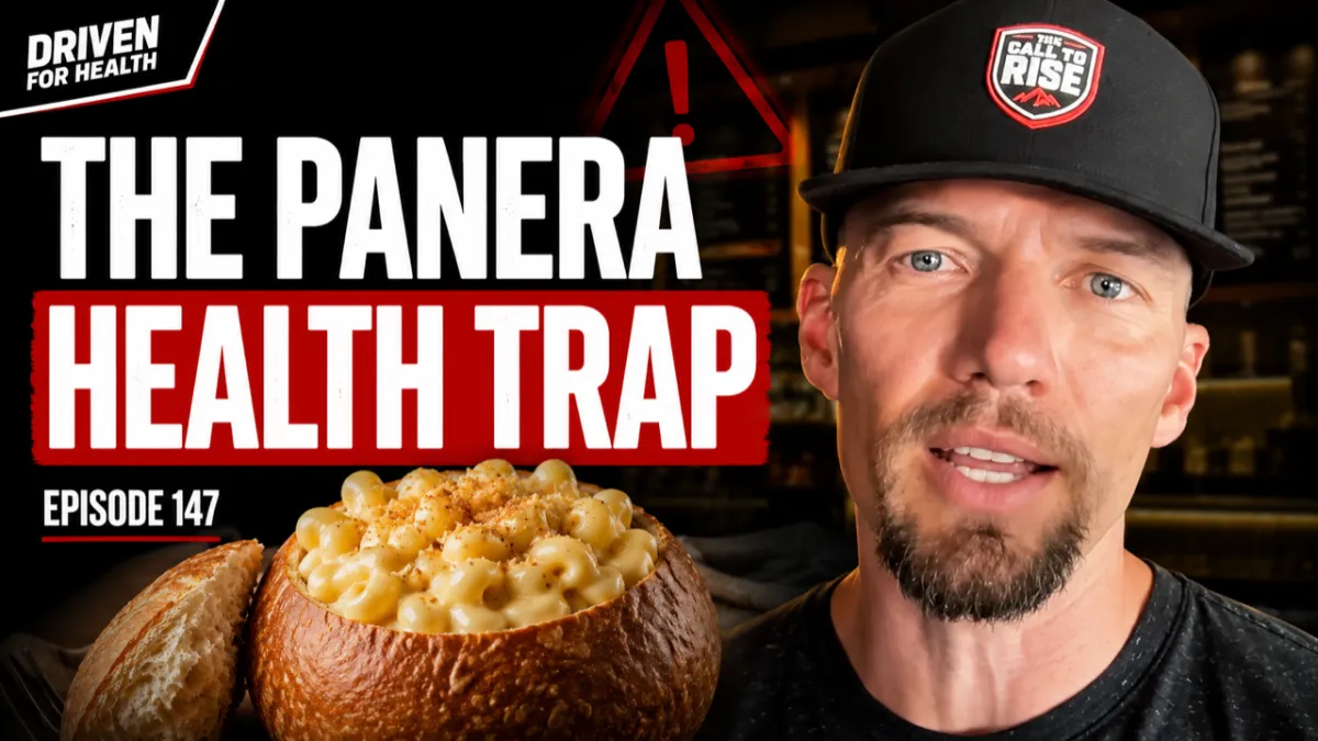 Coach Brian Parana beside a Panera bread bowl and a half sandwich with a half salad, on the Driven For Health episode about what to order at Panera Bread for fat loss for men over 40.