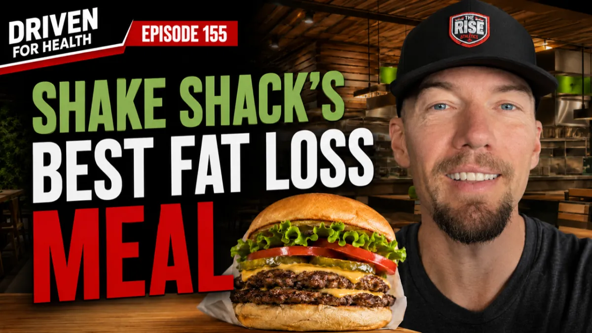 Coach Brian Parana beside a Shake Shack double hamburger and a chocolate shake, on the Driven For Health episode about what to order at Shake Shack for fat loss for men over 40.