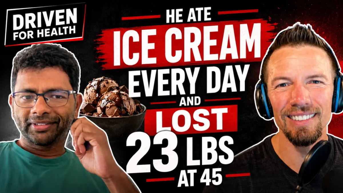 Driven For Health episode 137 thumbnail with client Nate in a green shirt and glasses on the left and Coach Brian Parana in headphones on the right, a bowl of chocolate ice cream between them, under the headline "He Ate Ice Cream Every Day and Lost 23 Lbs at 45"