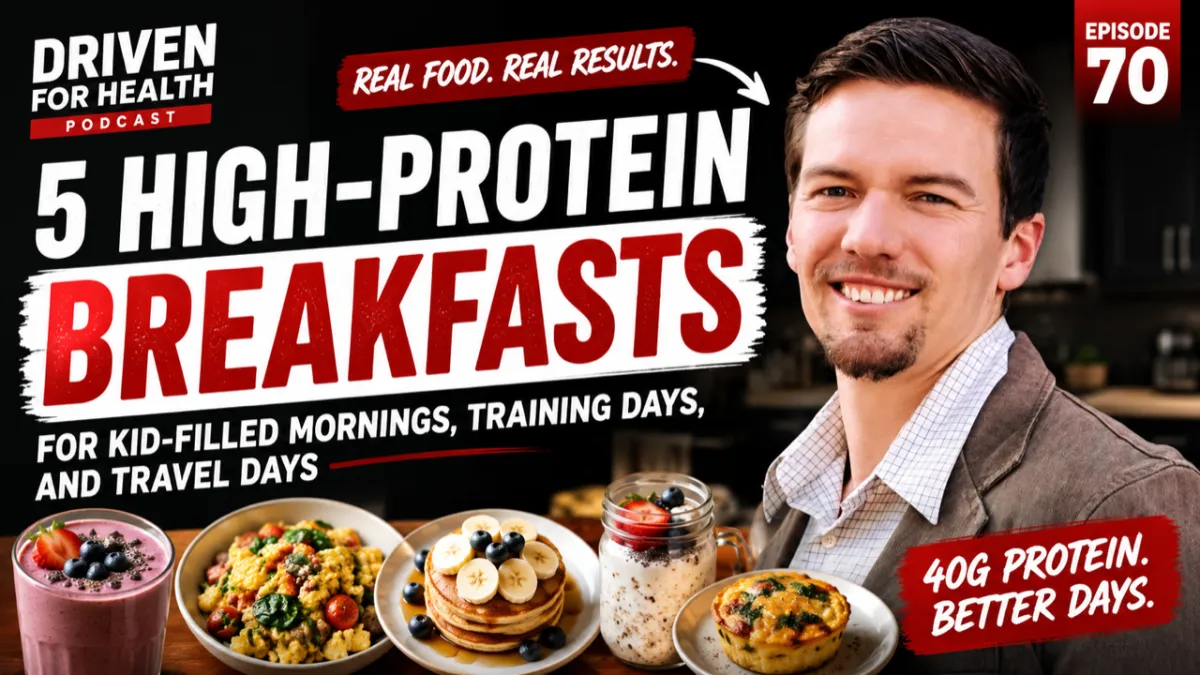 Driven For Health episode 70 thumbnail for Coach Brian Parana's episode on five high-protein breakfasts for men over 40 across kid-filled mornings, training days and travel days.