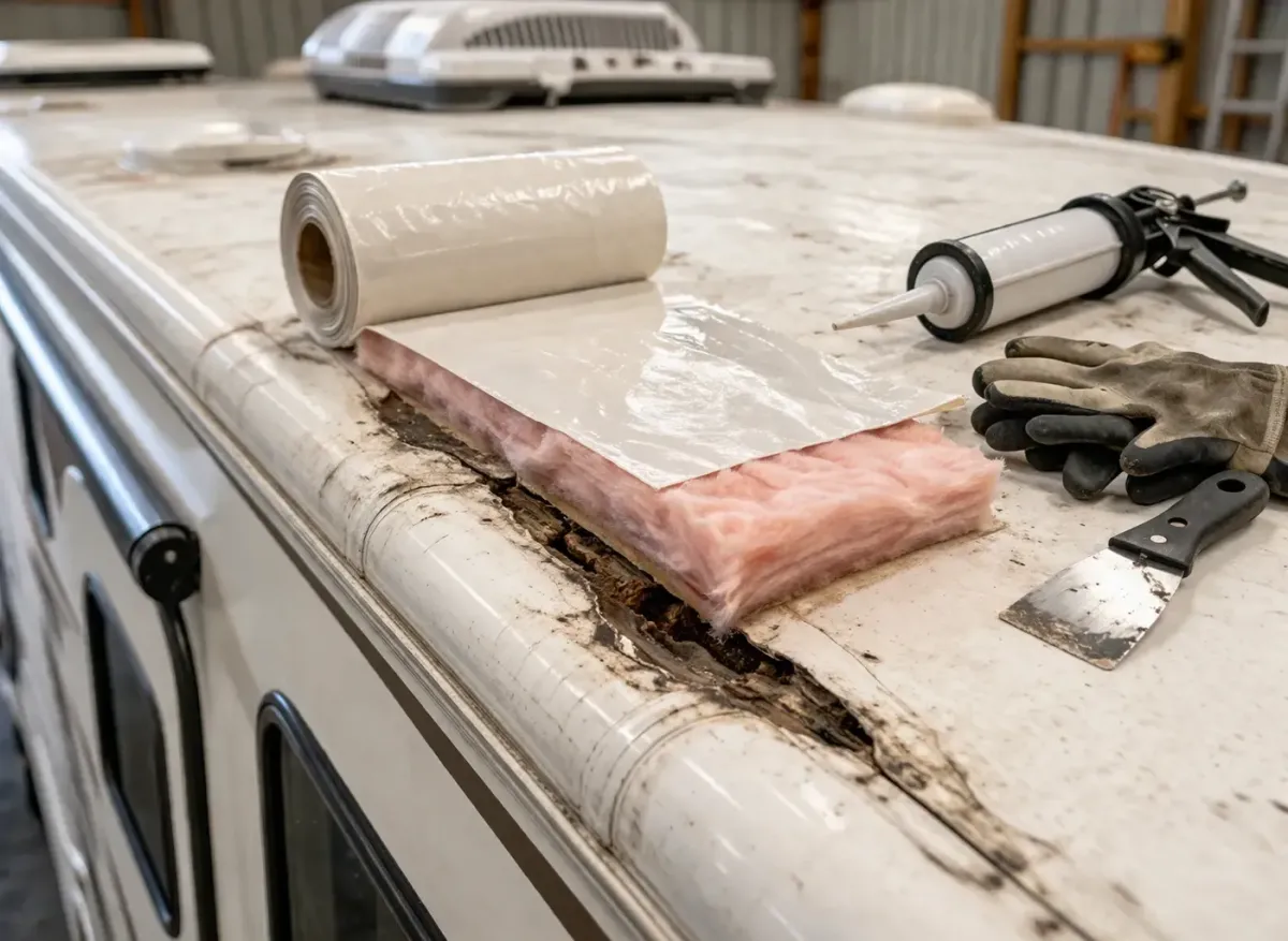 RV roof leak repair showing damaged roof surface with tools and materials for sealing leaks