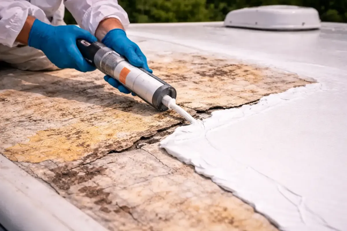 RV roof crack repair applying sealant to restore damaged and deteriorated RV roof surface