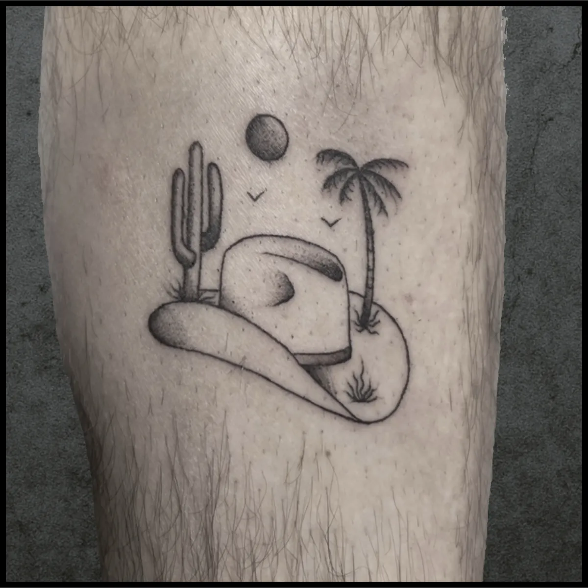 Cowboy hat and the desert tattoo fine line