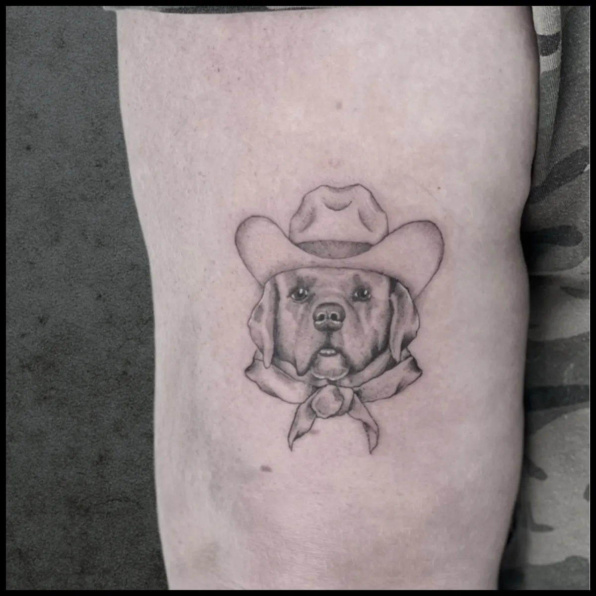 Cowboy puppy tattoo fine line Micro realism