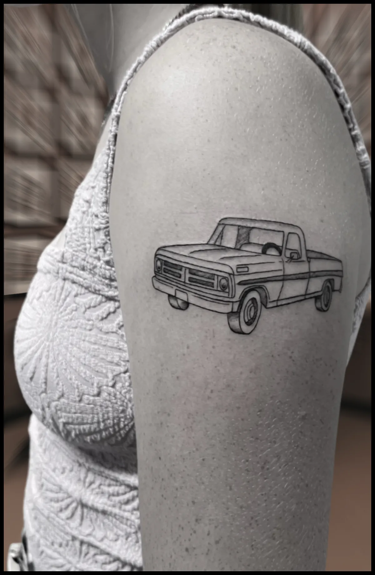 Old truck tattoo on the arm fine line
