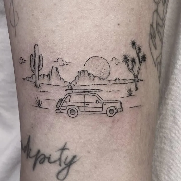 Fine line tattoo cowboy girl at disco