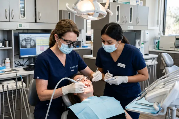 Dental assistant being trained on the job in a dental office in Illinois