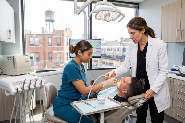 Dental assistant learning coronal polishing technique during hands-on training at a dental office in Chicago Illinois