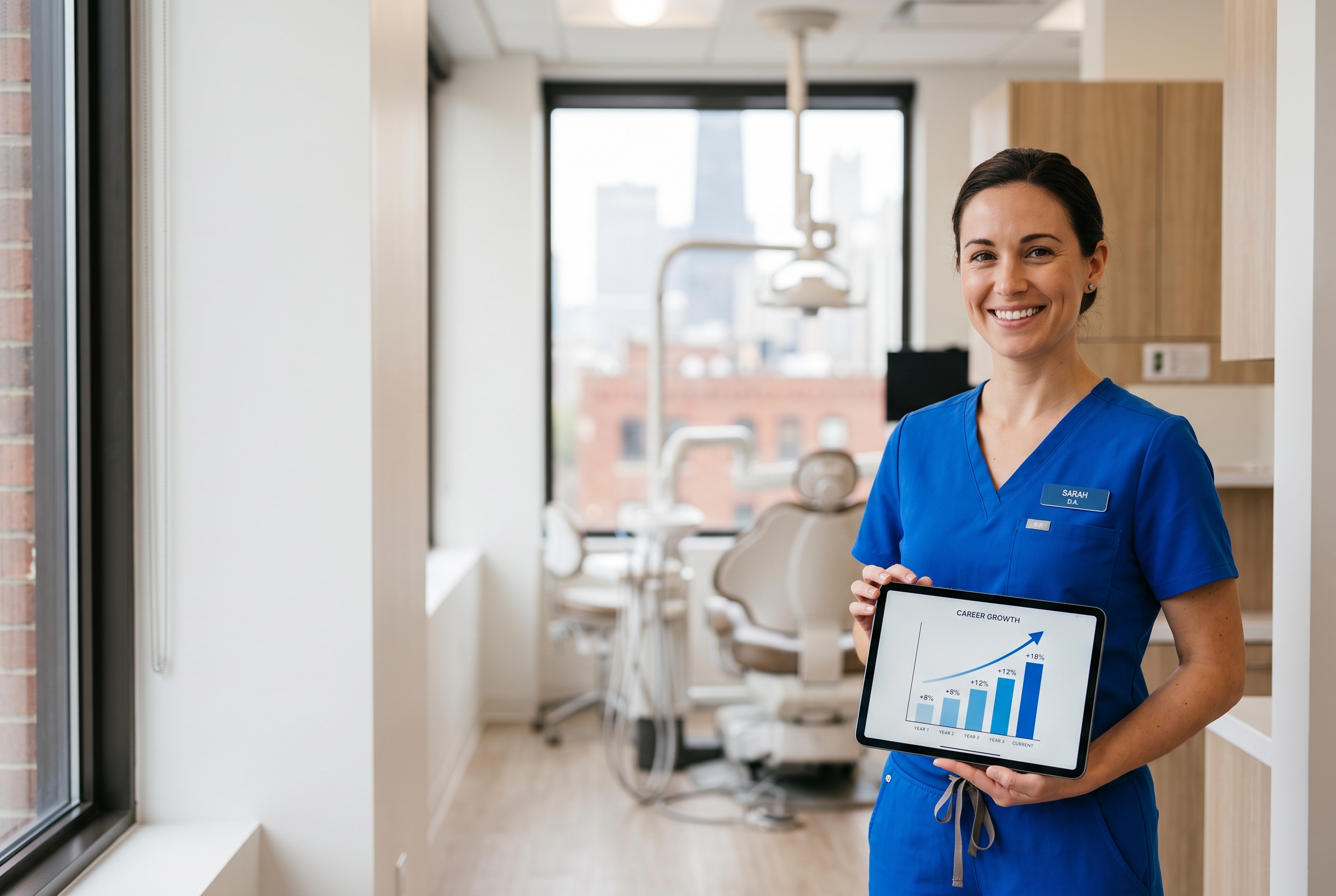 Smiling dental assistant in blue scrubs holding a tablet showing career growth in a modern Chicago dental office