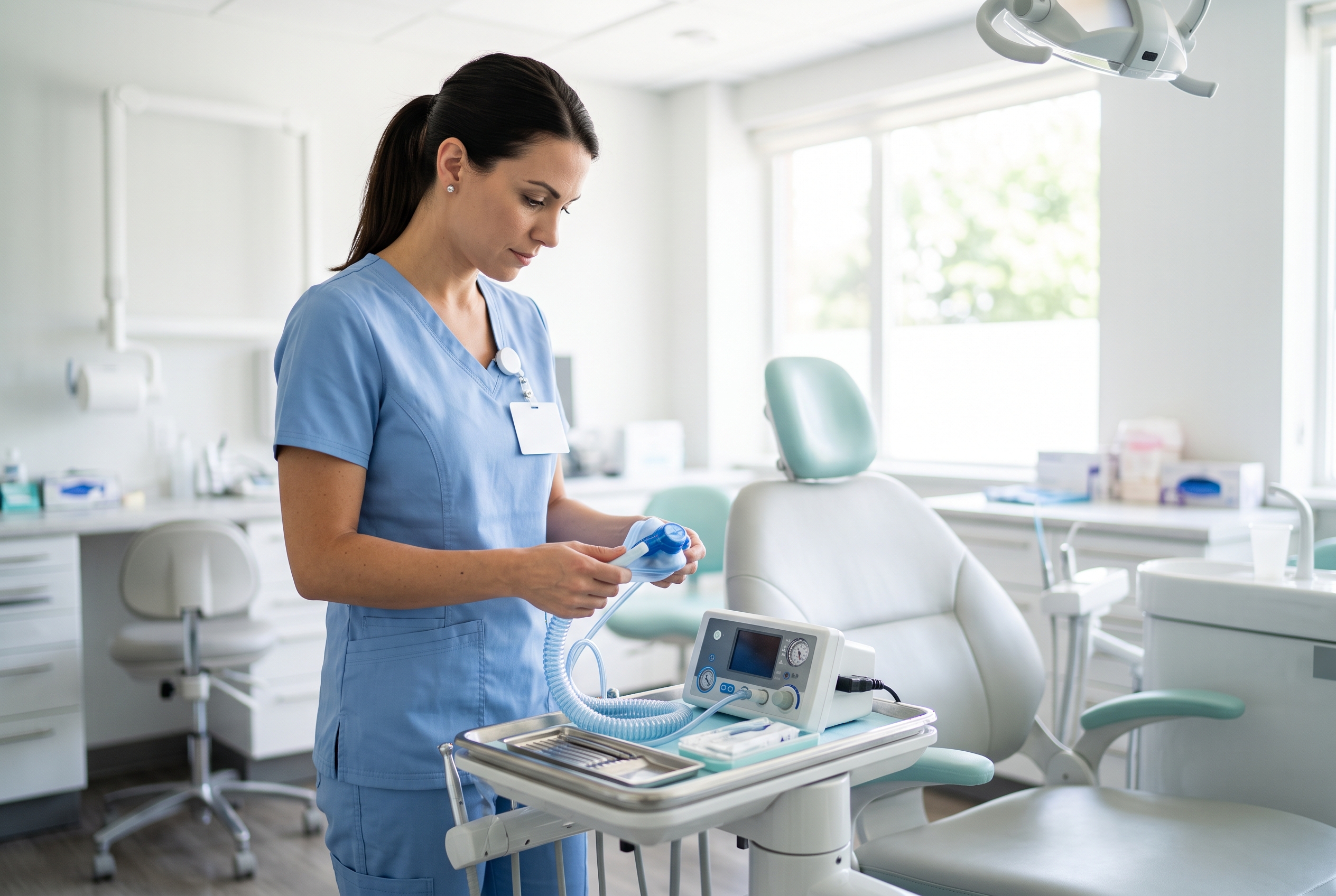 Dental assistant reviewing nitrous oxide monitoring certification requirements for Illinois