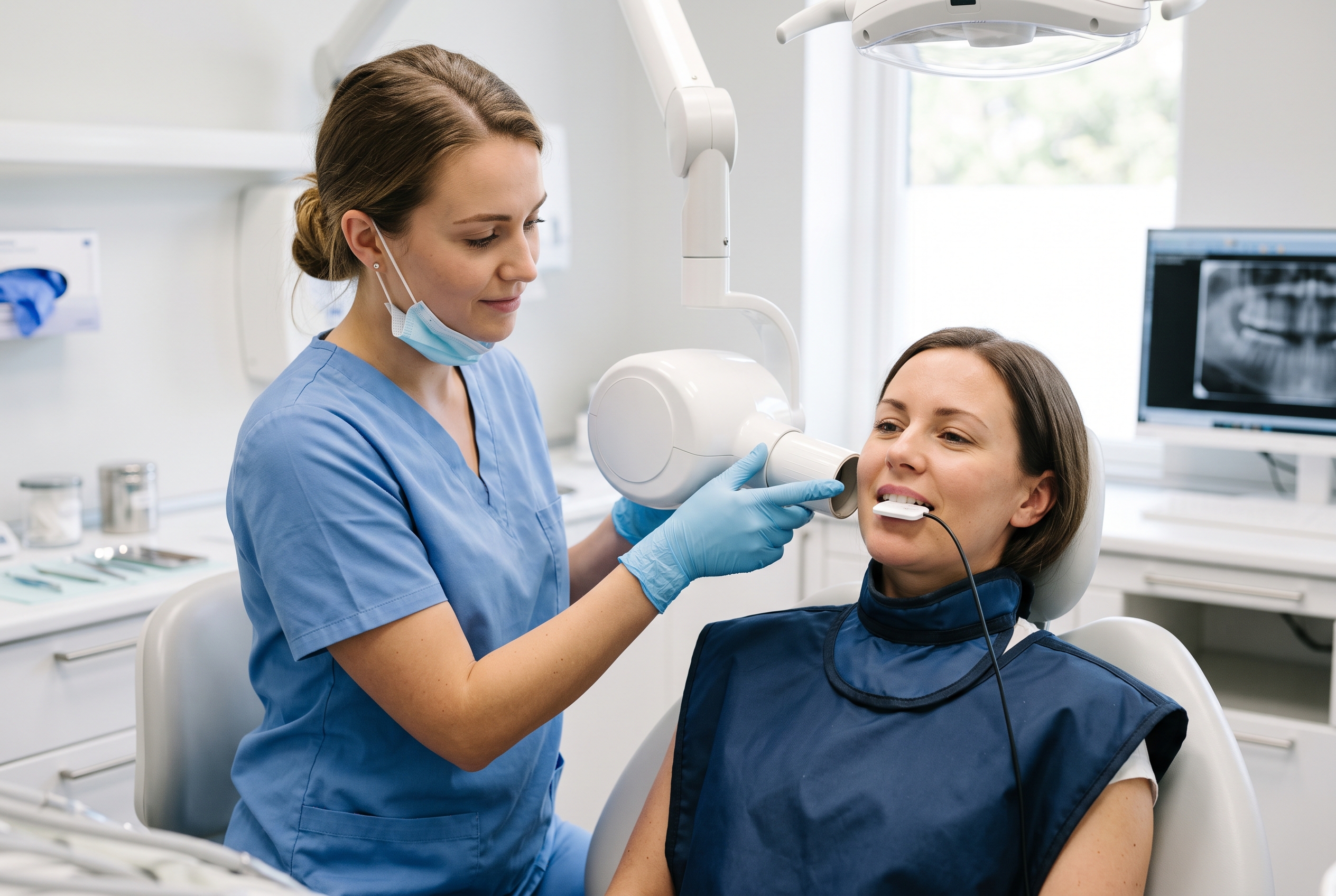 Dental assistant positioning an X-ray tube head for a patient wearing a lead apron