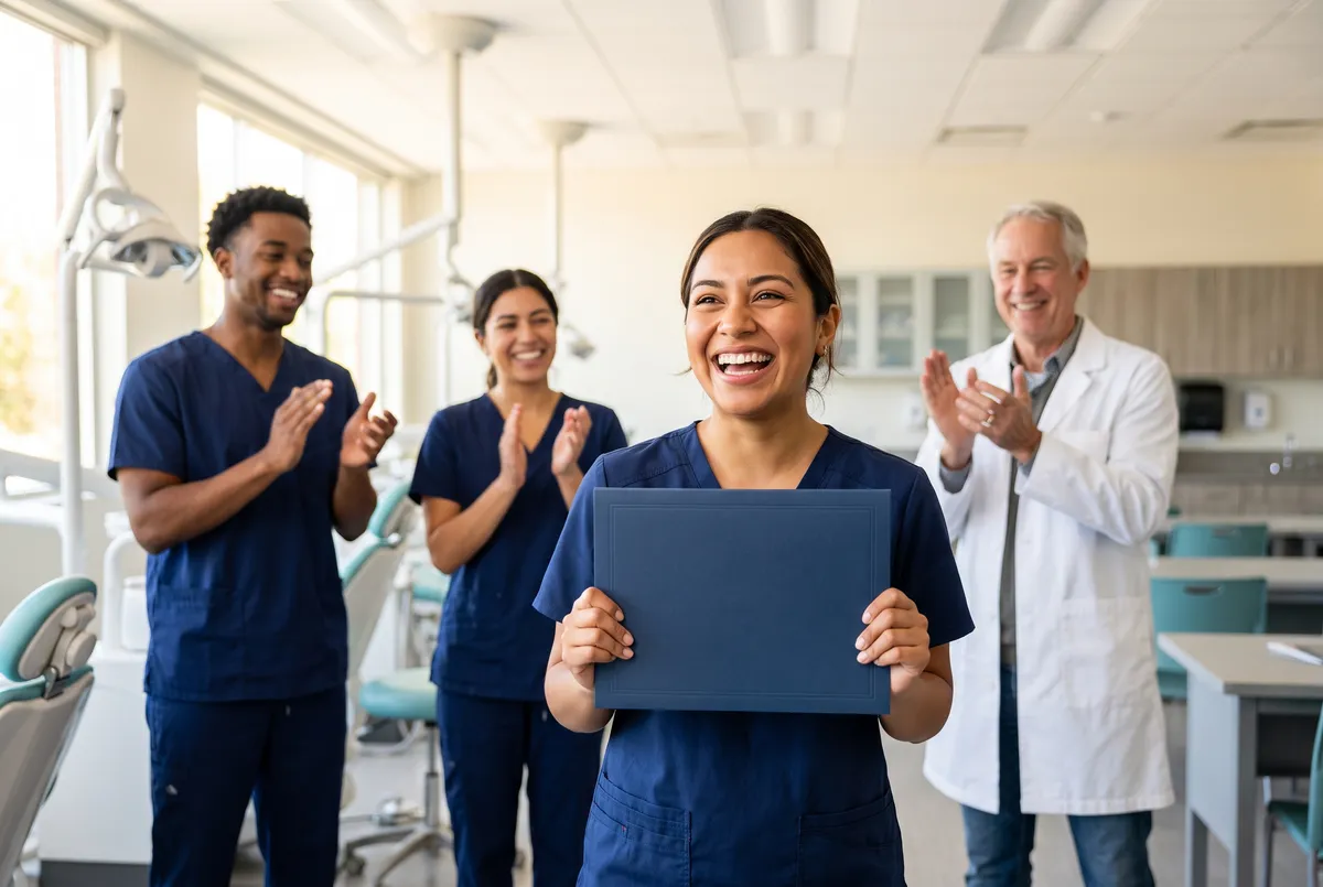New dental assistant graduate celebrating with her certificate in a modern dental office