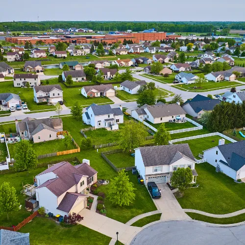 An overhead view of an HOA community neighborhood