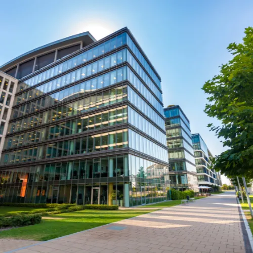 A stret view of a large commerical property in downtown