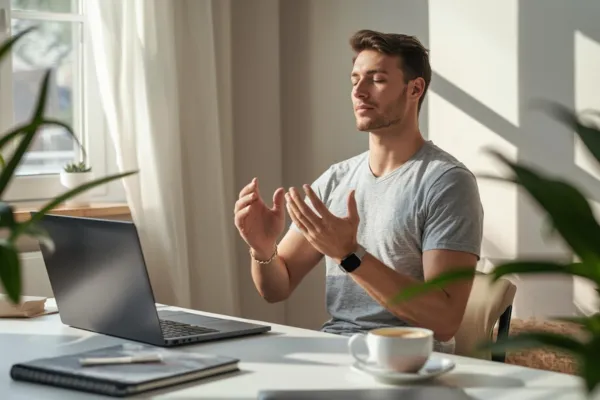 Calm morning routine scene (journal, tea/coffee, sunlight, minimal workspace)  Person practicing mindfulness or relaxation comfortably at home