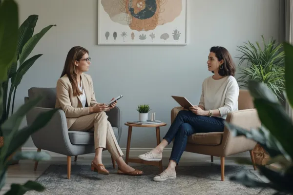 Therapist and client seated in a calm discussion  Notebook, therapy materials, or wellness environment  Comfortable professional setting