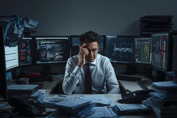 Professional sitting at a desk surrounded by screens, phone notifications, or paperwork Slightly stressed or thoughtful expression