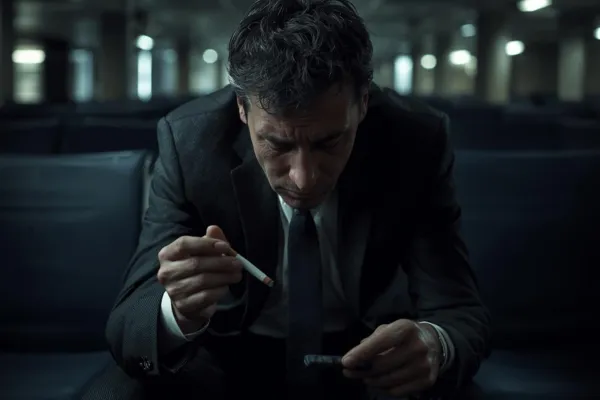 Person sitting alone looking stressed while holding an unlit cigarette or cigarette pack  Urban or work setting  Authentic expression showing tension or contemplation