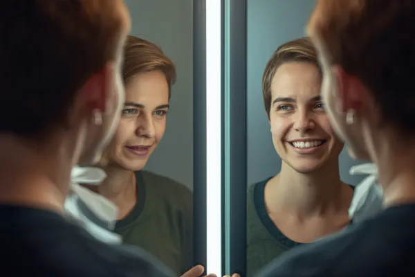 A person standing in front of a mirror—on one side, their reflection looks stressed and critical; on the other side, the reflection is calm, warm, and gently smiling