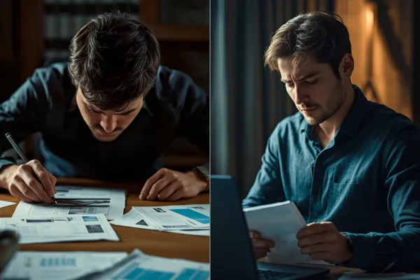 A split-scene: Left side — a person obsessively adjusting tiny details on a project (papers perfectly aligned, multiple edits, tense posture). Right side — the same person taking action confidently, with a simple checklist and visible progress (some imperfections present).