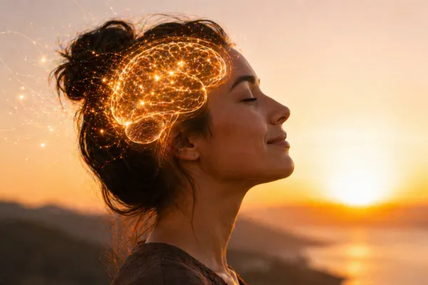 A person in profile with a soft glow overlay around the head/brain area, with subtle light patterns suggesting activity.