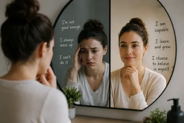 A person looking at their reflection in a mirror—one side appearing stressed or doubtful, the other side calm and confident.