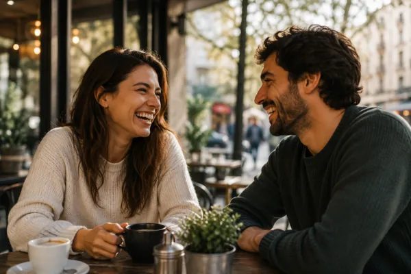 Two people having a warm conversation over coffee, smiling naturally with open body language.