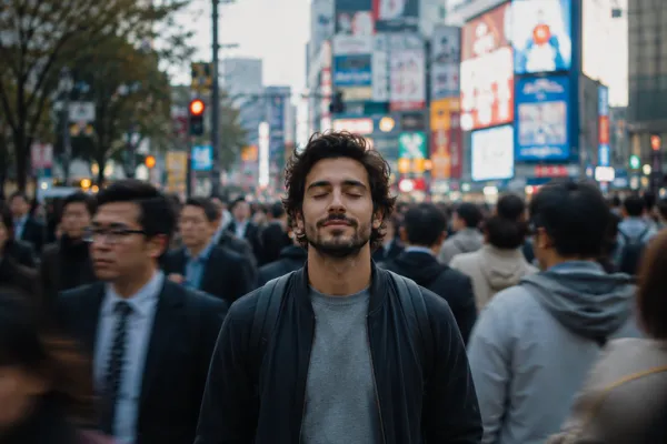 A person walking calmly through a crowded, chaotic city street while remaining focused and peaceful.