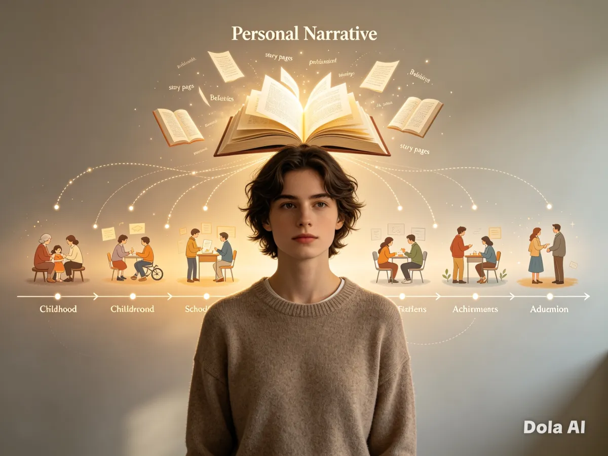 A powerful identity-separation visual showing a person observing their “story self” rather than being trapped inside it.
