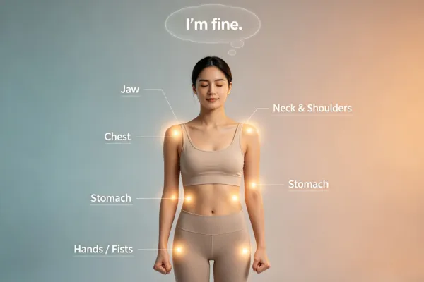 A clean, educational body map showing five common places stress hides physically—even when the mind says everything is fine.