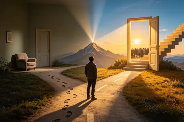 A symbolic crossroads showing a person hesitating between staying in the familiar and stepping into a brighter future, revealing that success itself can feel intimidating.