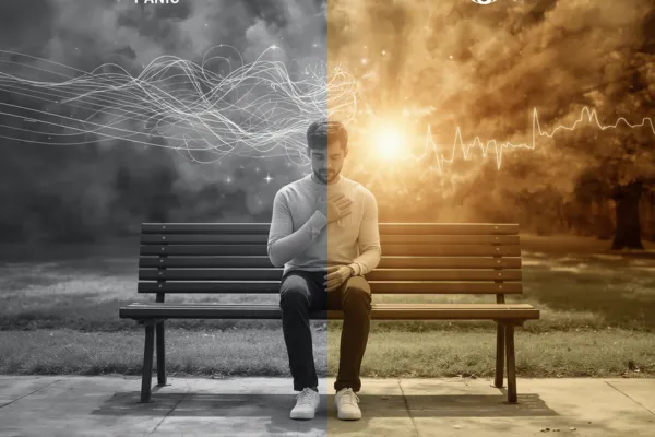 A person regaining calm as a panic attack begins to fade, surrounded by grounding elements that symbolize safety and control.
